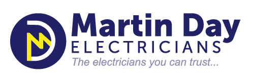 Logo for Martin Day Electricians with stylised MD in blue circle and “Call us—friendly, NICEIC-certified experts ready to fix it fast!”.