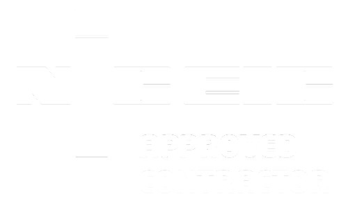 NICEIC Approved Contractor logo—contact us for fast, friendly, fully certified electrical help! White text on transparent background.